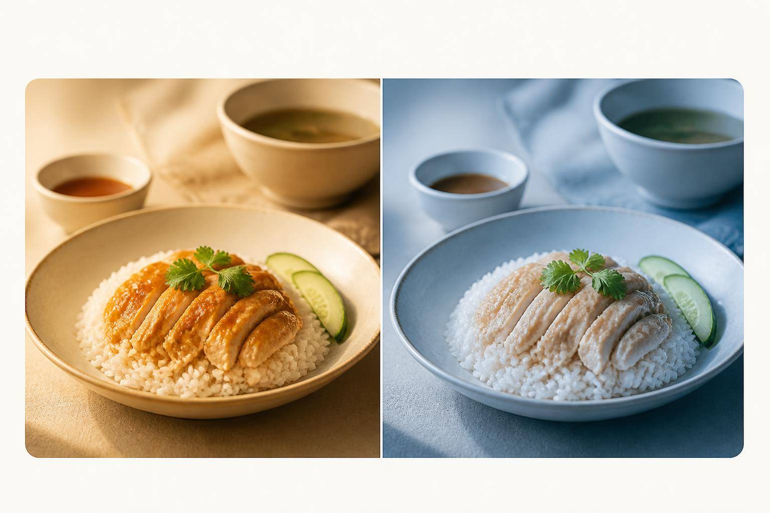 ภาพเปรียบเทียบอาหารโทนอุ่นกับโทนฟ้าเพื่อให้เห็นความต่าง
