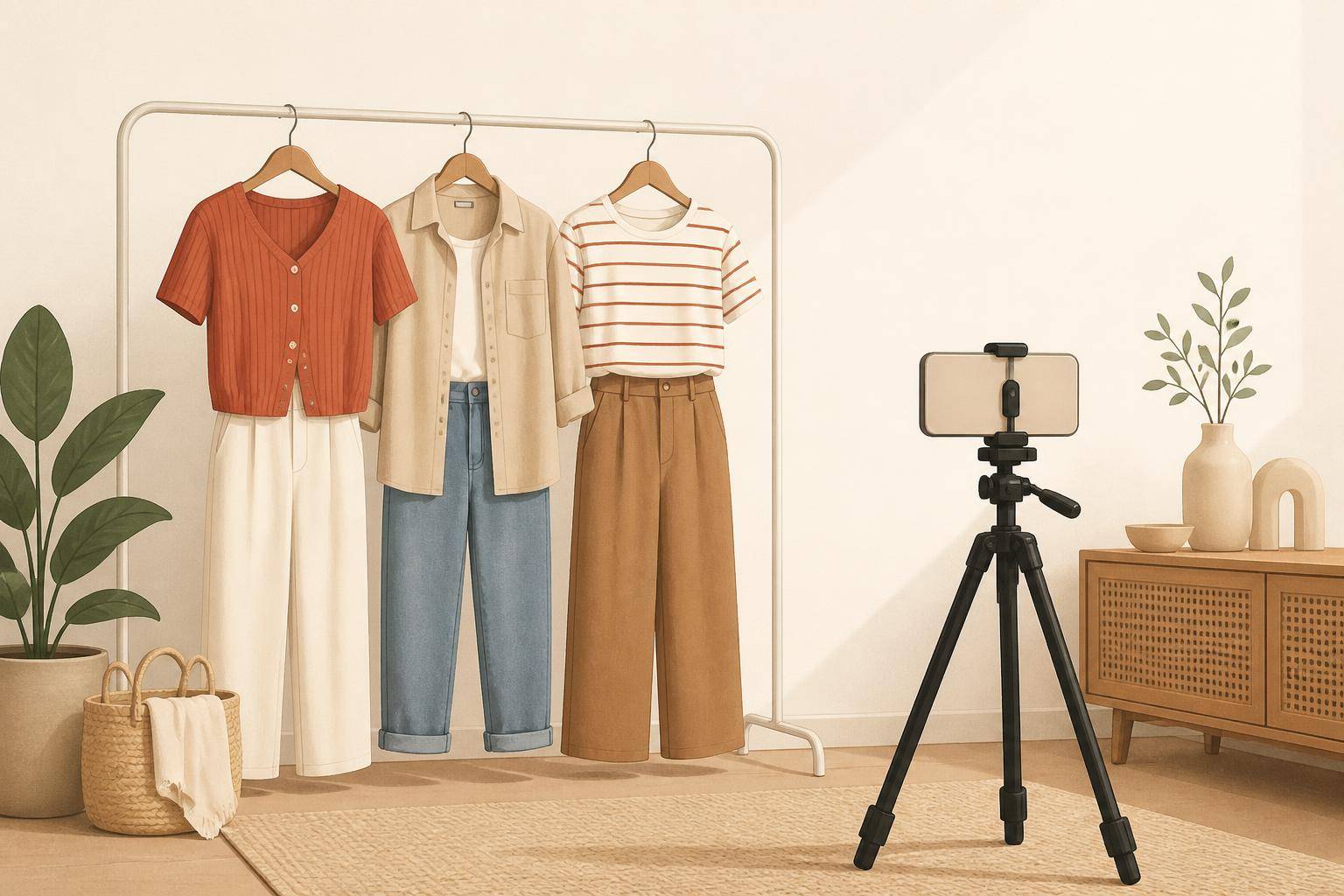 แร็คเสื้อผ้าเรียงตามลำดับที่จะใส่ถ่ายข้างขาตั้งกล้อง